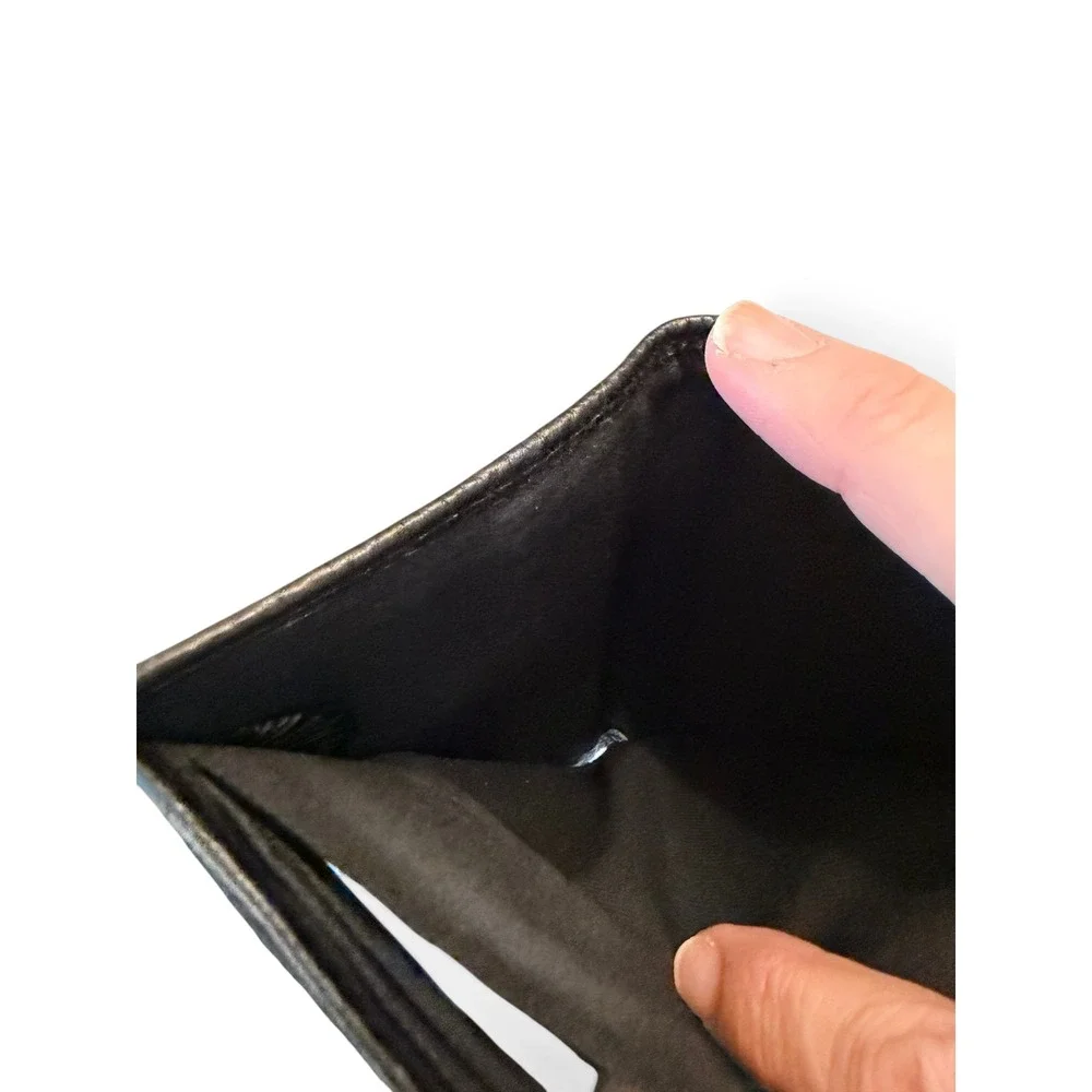 Fossil Trifold Wallet Black Pebbled Leather Brown Trim Card Slots Small